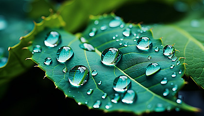 Close-up of dew drops refracting light on a leaf.