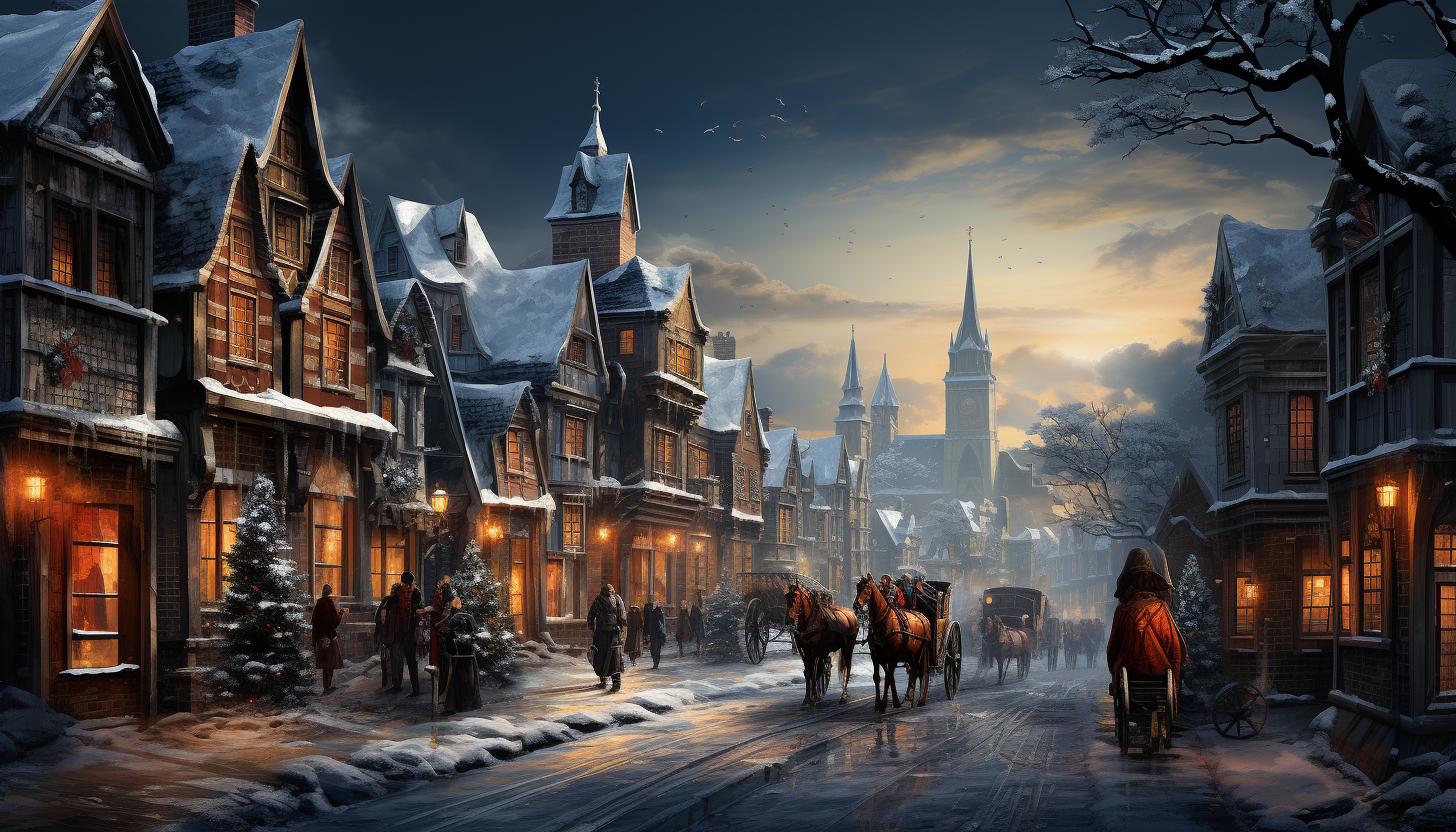 Winter wonderland with a snow-covered village, children building a snowman, horse-drawn sleighs, and twinkling lights on every house.