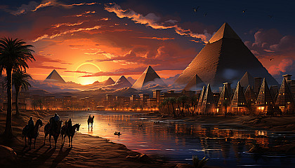 Ancient Egyptian pyramids at sunset, with camels, travelers, the Sphinx, and hieroglyphics, set against a golden desert backdrop.