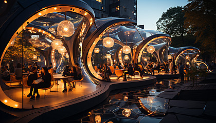 Futuristic urban park at dusk, with interactive light installations, modern sculptures, people relaxing, and a skyline of smart buildings.