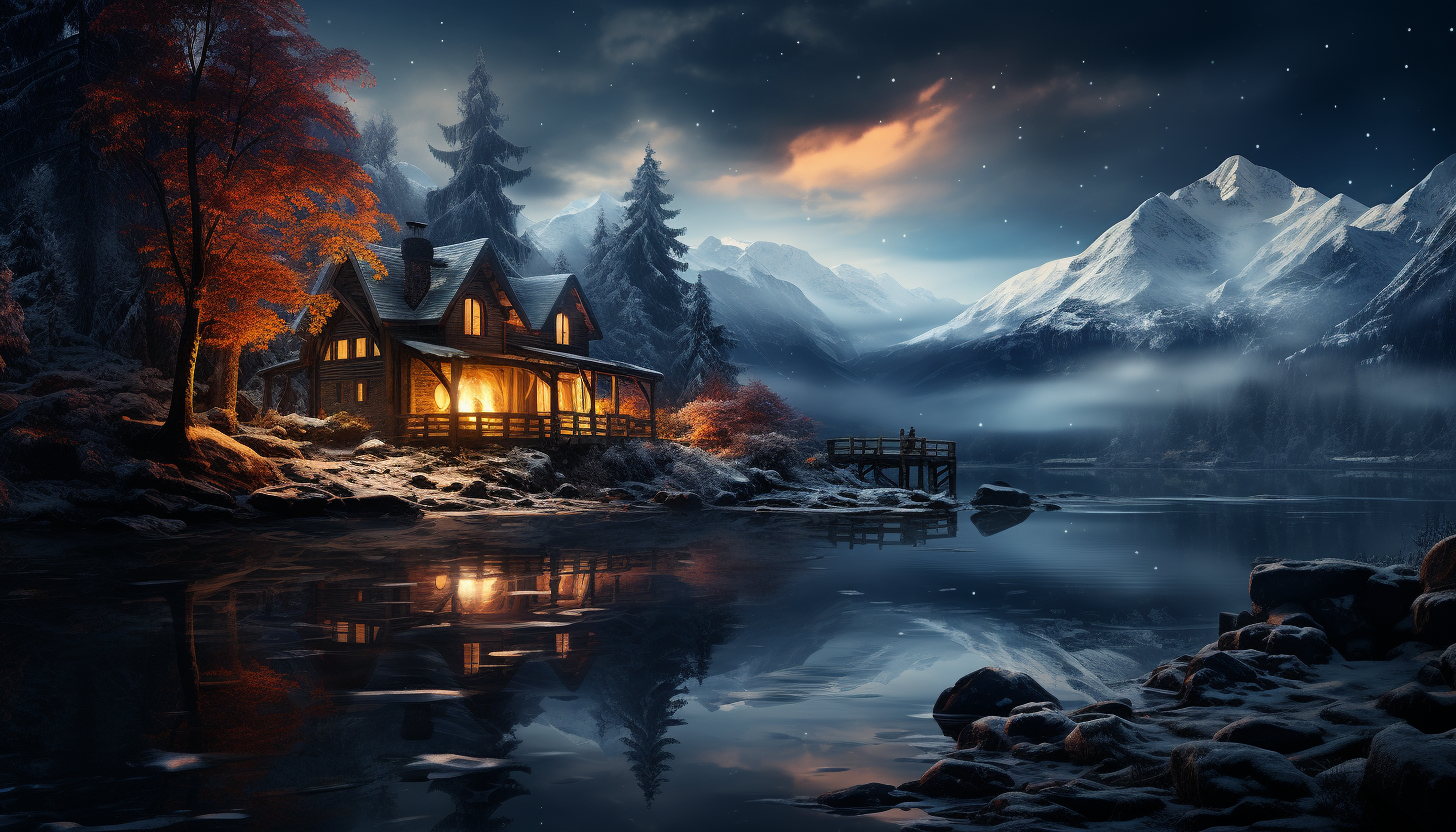 Rustic mountain cabin in winter, surrounded by snow-covered trees, a frozen lake, smoke rising from the chimney, and a clear night sky.