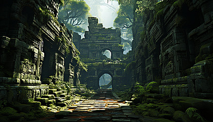 An ancient temple hidden in a lush jungle, with mysterious carvings, overgrown foliage, and a sense of forgotten history.