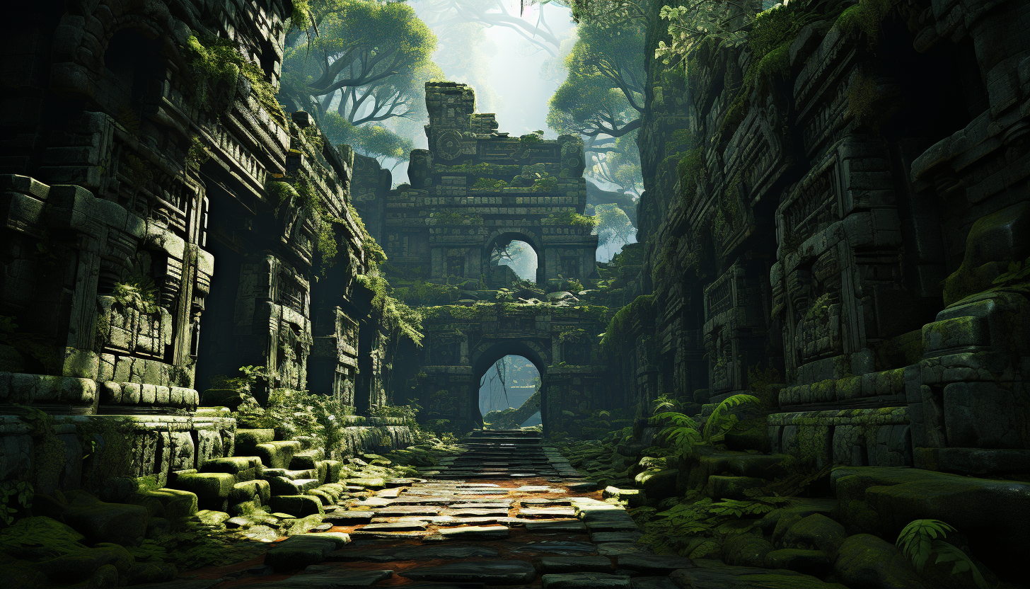 An ancient temple hidden in a lush jungle, with mysterious carvings, overgrown foliage, and a sense of forgotten history.