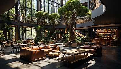 Modern coffee shop interior with minimalist design, large communal tables, a variety of plants, and baristas crafting artisanal drinks.