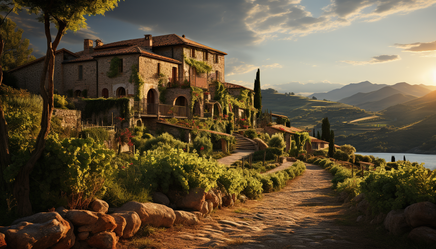 Lush vineyard in Tuscany at golden hour, rolling hills, rows of grapevines, a rustic stone farmhouse, and a distant mountain range.