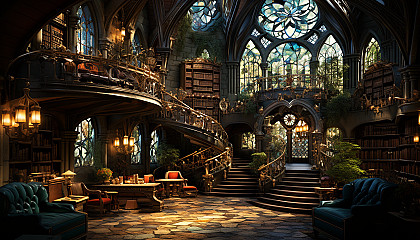 Grand library in a medieval castle, walls lined with ancient books, spiral staircases, and a large stained glass window.