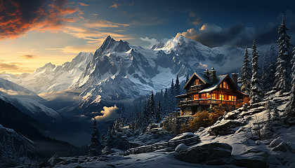 Cozy mountain cabin in winter, surrounded by snow-covered pine trees, with smoke rising from the chimney and a clear view of the snowy peaks.