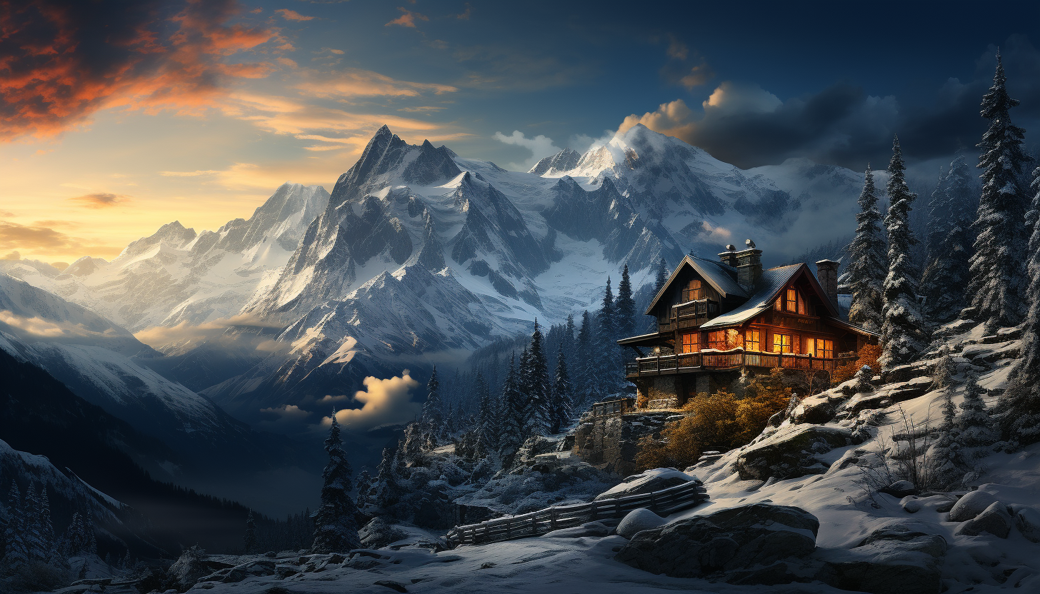 Cozy mountain cabin in winter, surrounded by snow-covered pine trees, with smoke rising from the chimney and a clear view of the snowy peaks.