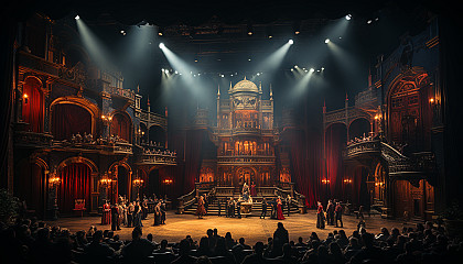 Grand opera house interior during a performance, with opulent red velvet curtains, golden balconies, and an audience in period attire.