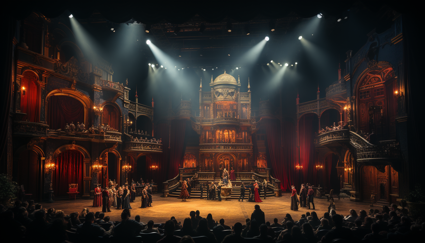 Grand opera house interior during a performance, with opulent red velvet curtains, golden balconies, and an audience in period attire.