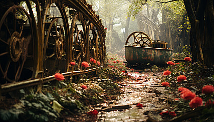 Abandoned amusement park overtaken by nature, rusting roller coasters, overgrown paths, and a hauntingly beautiful carousel.