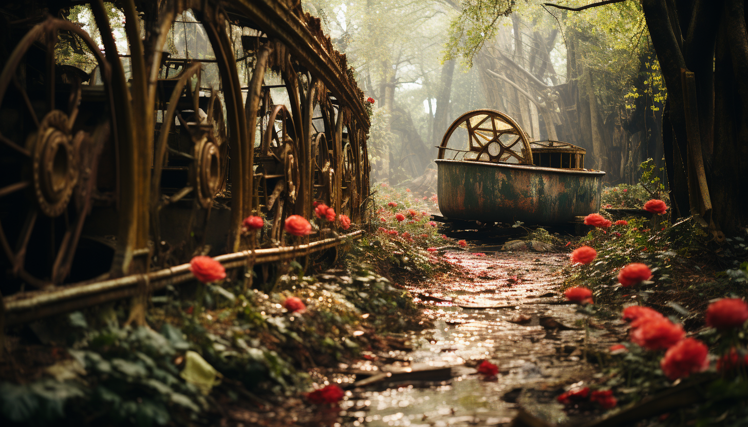 Abandoned amusement park overtaken by nature, rusting roller coasters, overgrown paths, and a hauntingly beautiful carousel.