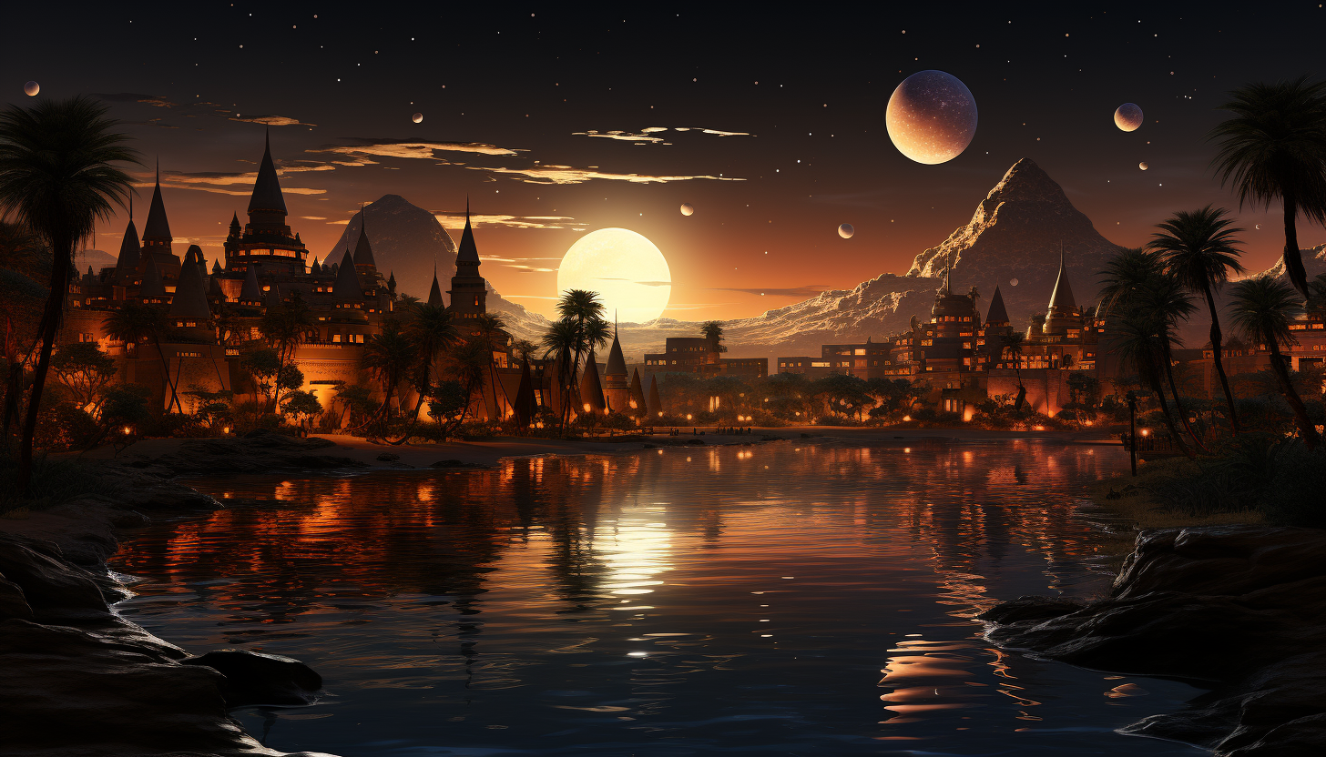 Desert oasis at night, with a tranquil pool, palm trees, star-filled sky, and a caravan of camels resting nearby.