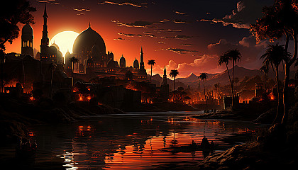 Desert oasis at sunset, with palm trees, a tranquil pond, camels resting, and ancient ruins silhouetted against the fiery sky.