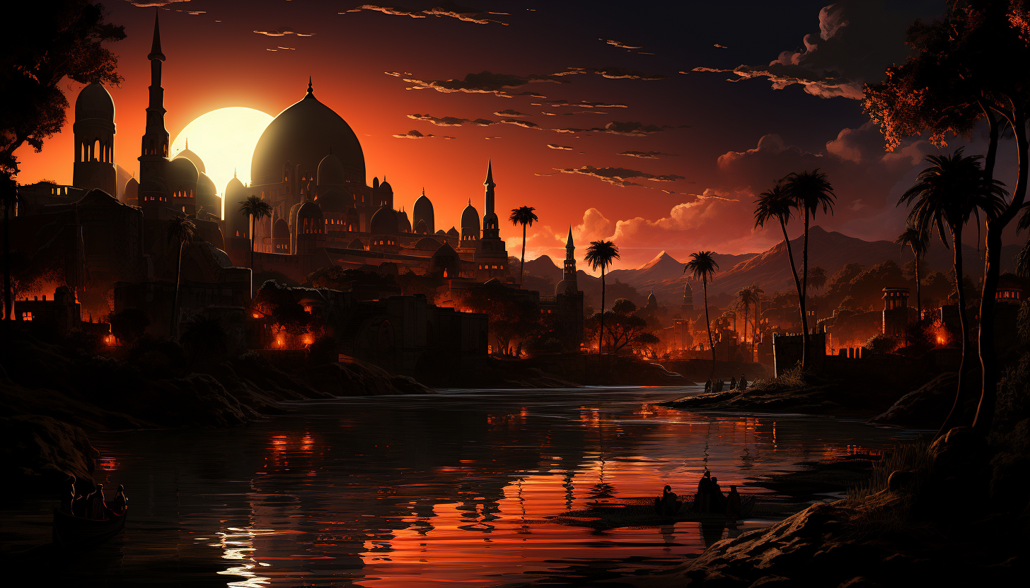 Desert oasis at sunset, with palm trees, a tranquil pond, camels resting, and ancient ruins silhouetted against the fiery sky.