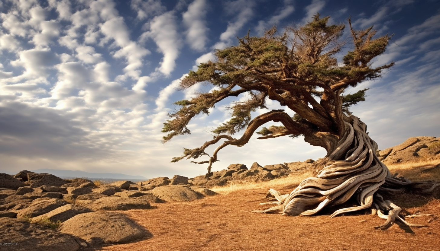 An old, gnarled tree standing alone on a windswept plain.