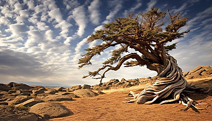 An old, gnarled tree standing alone on a windswept plain.