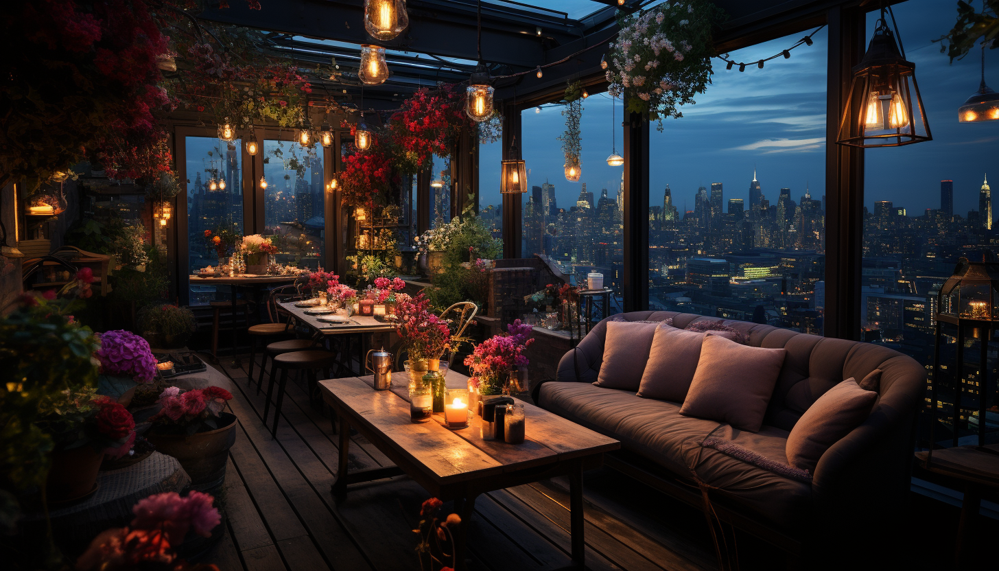 Rooftop garden in a bustling city at sunset, with flowering plants, comfortable seating, twinkling fairy lights, and skyscrapers in the background.