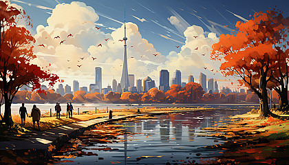 Modern city park in autumn, with skyscrapers in the background, people jogging and walking dogs, colorful leaves, and a serene lake.