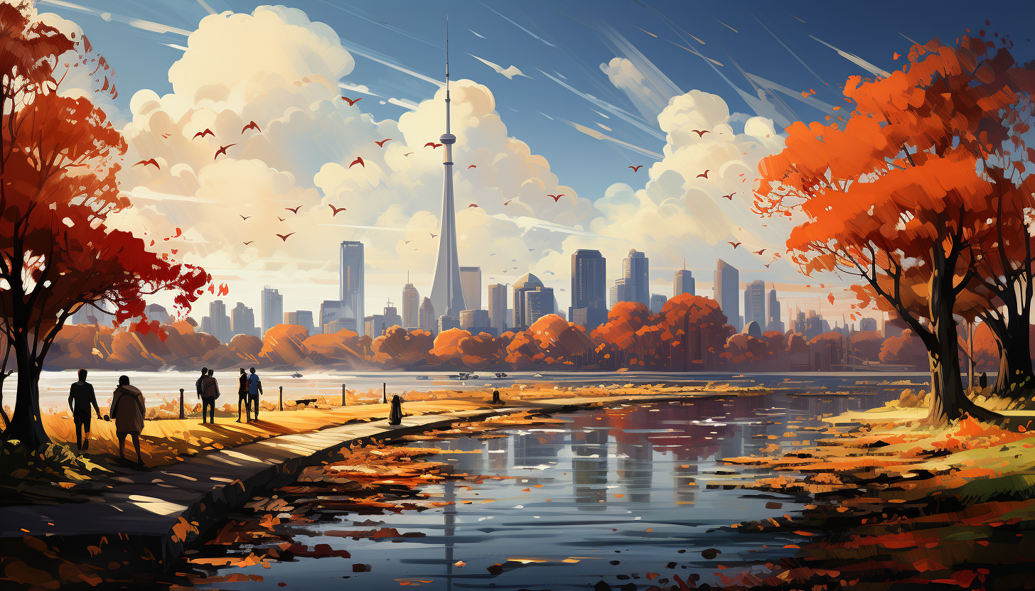 Modern city park in autumn, with skyscrapers in the background, people jogging and walking dogs, colorful leaves, and a serene lake.