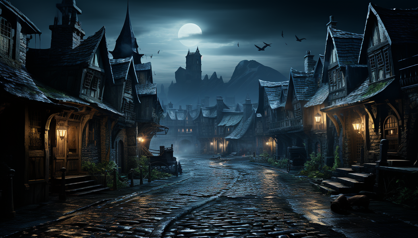 Moonlit medieval village, with cobblestone streets, thatched-roof cottages, a horse-drawn carriage, and a distant castle silhouette.