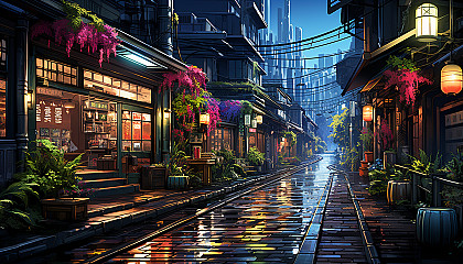 Cyberpunk alley in Tokyo, with holographic signs, bustling noodle shops, high-tech gadgets, and a mix of traditional and futuristic architecture.