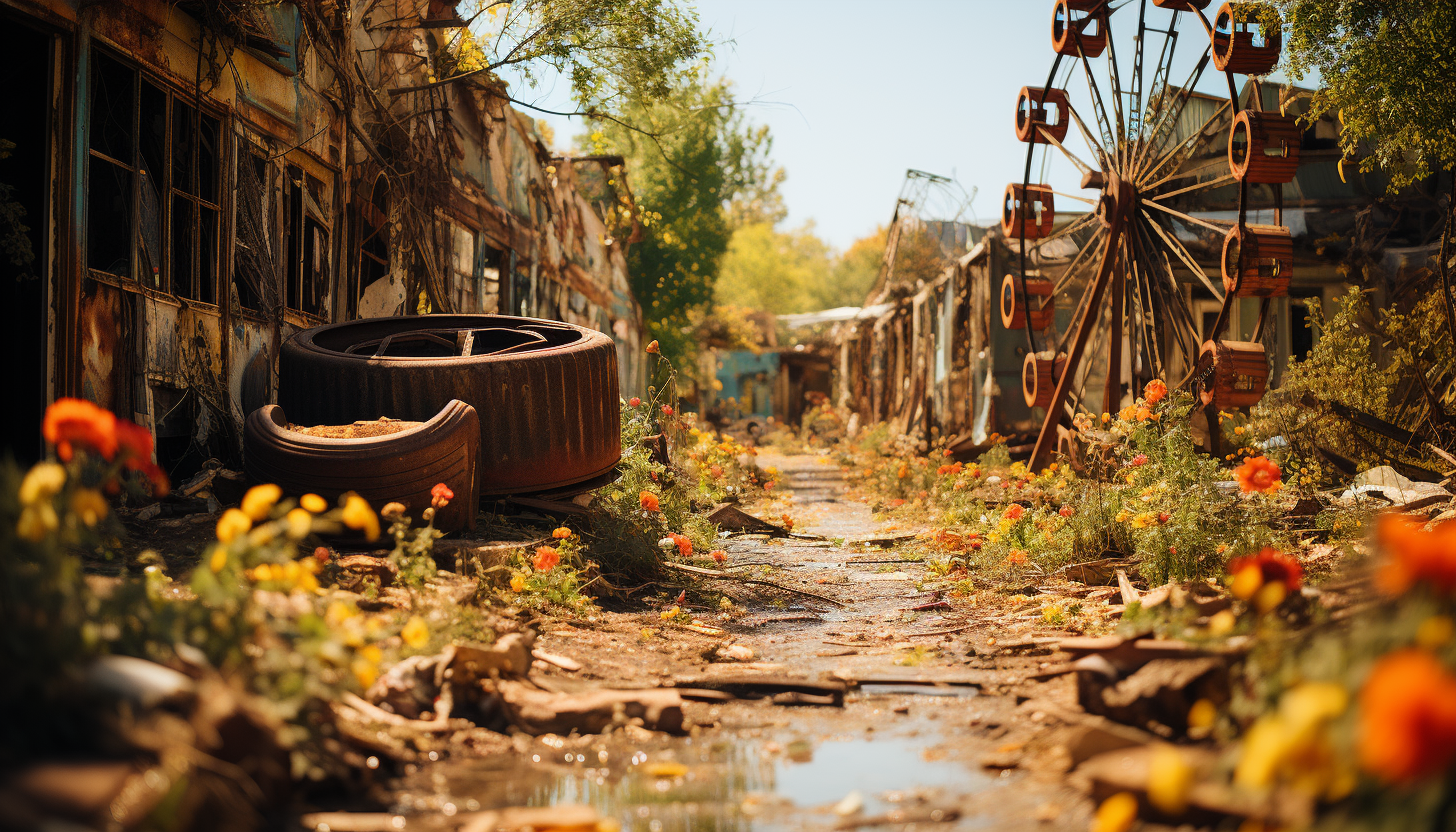 Abandoned amusement park reclaimed by nature, overgrown roller coasters, a rusty Ferris wheel, and wildflowers blooming among the rides.