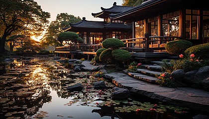 Traditional Chinese tea house, with intricate wooden architecture, tranquil gardens, tea masters performing ceremonies, and distant mountains.