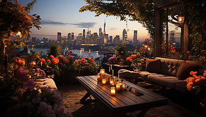 Rooftop garden in a bustling city at sunset, with flowering plants, comfortable seating, twinkling fairy lights, and skyscrapers in the background.