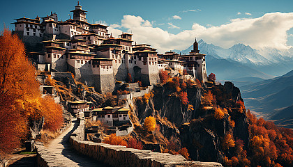 Peaceful monastery in the Himalayas, with monks in meditation, colorful prayer flags, and a panoramic mountain backdrop.