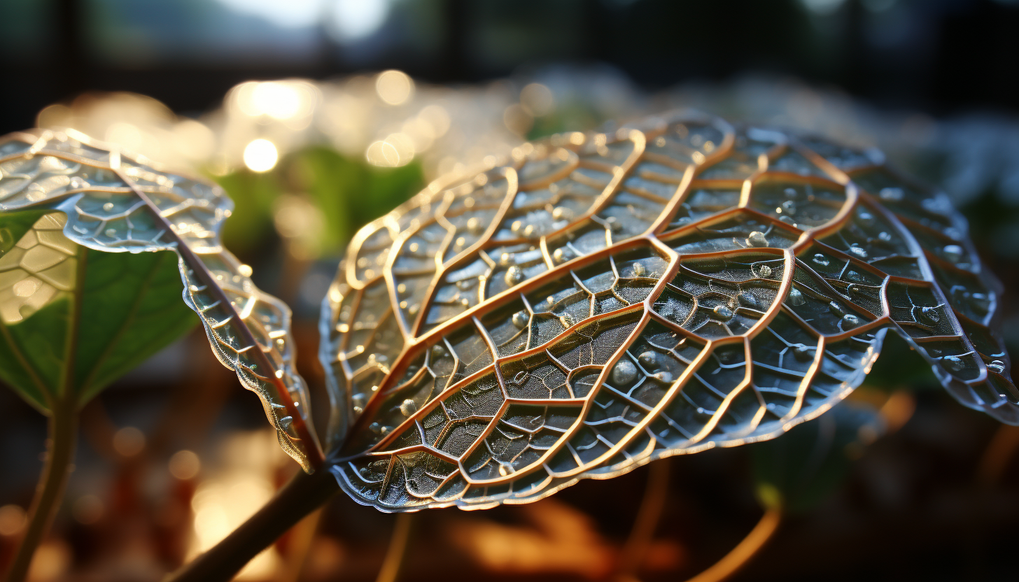 The intricate patterns on a leaf, highlighted by sunlight.