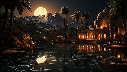 Mystical desert oasis at night, featuring a tranquil pool, palm trees, a bedouin tent, under a sky full of stars and a crescent moon.