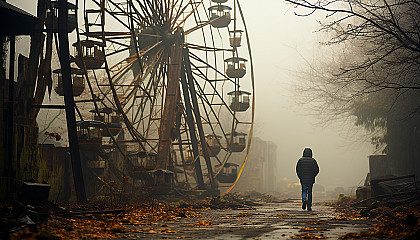 Abandoned amusement park overtaken by nature, with a rusting Ferris wheel, overgrown roller coaster tracks, and a misty, mysterious atmosphere.