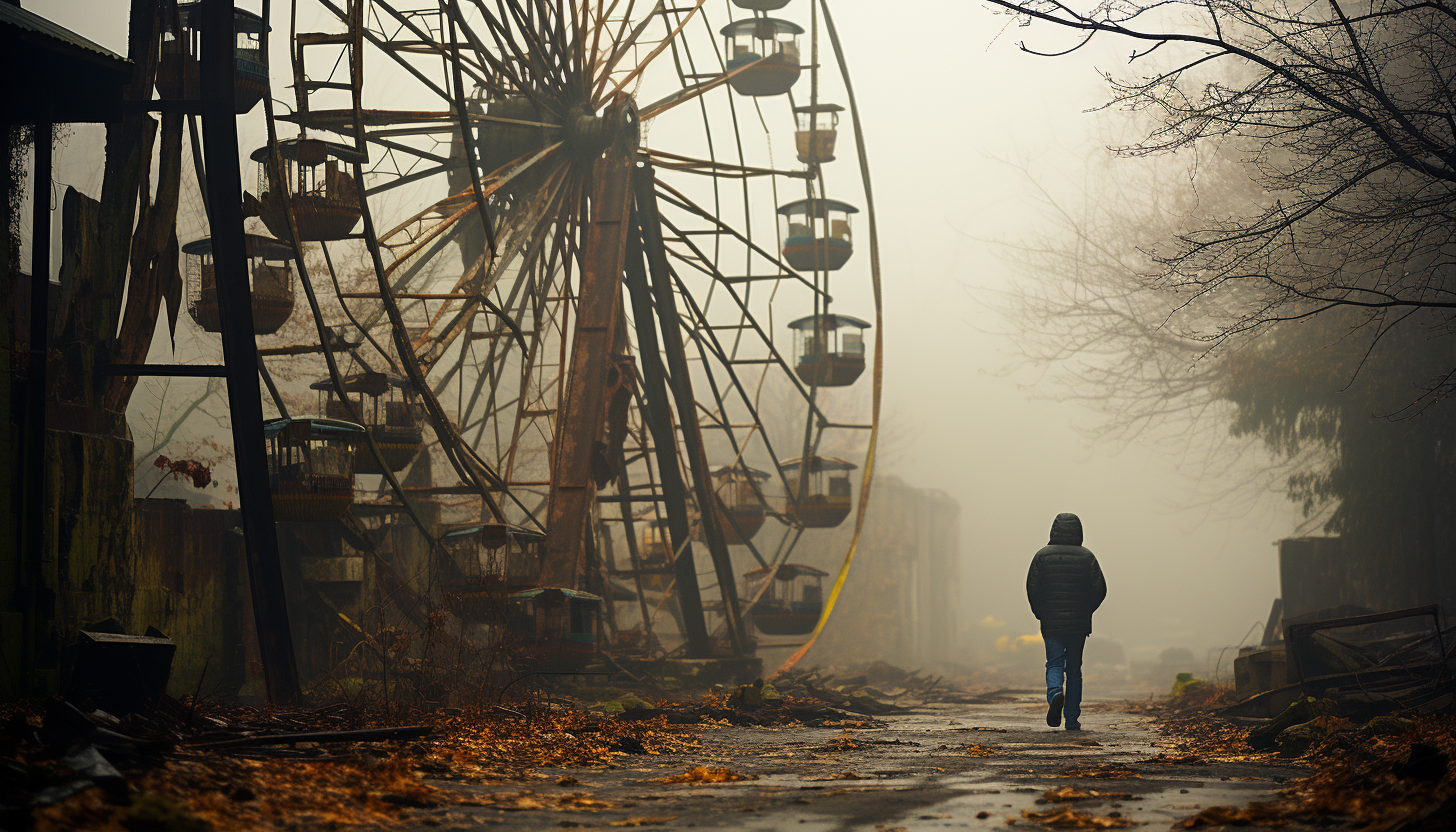 Abandoned amusement park overtaken by nature, with a rusting Ferris wheel, overgrown roller coaster tracks, and a misty, mysterious atmosphere.