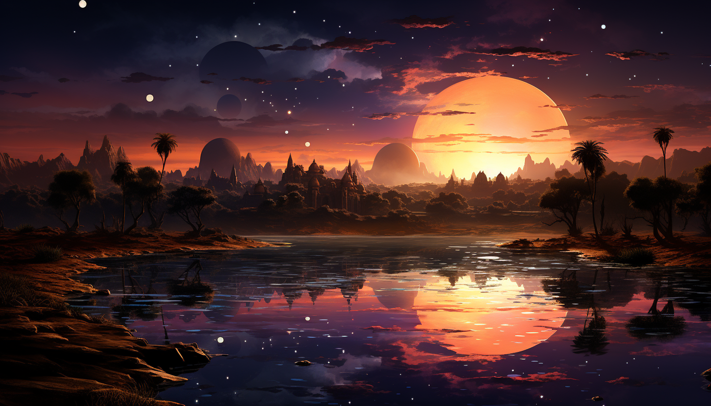 Desert oasis at sunset, featuring a tranquil pond, palm trees, camels resting, and a Bedouin tent under a starry sky.