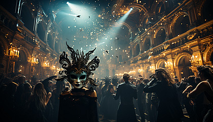 Elegant Venetian masquerade ball, with guests in ornate masks and period costumes, in a grand palace with chandeliers and gondolas outside.