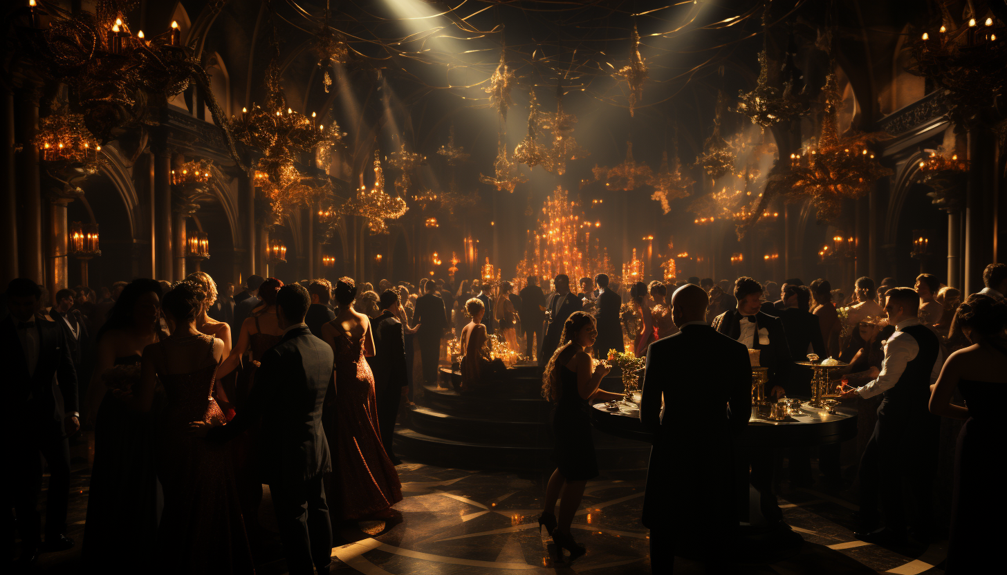 Luxurious 1920s Gatsby-style ballroom, with elegant dancers, an opulent chandelier, art deco decorations, and a live jazz band.