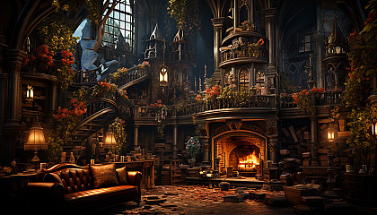 A magical library with towering bookshelves, floating books, enchanted artifacts, and a grand fireplace casting a warm glow.