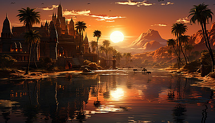 Desert oasis at sunset, with palm trees, a tranquil pond, camels resting, and ancient ruins in the soft golden light.