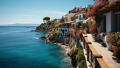 Sun-drenched Mediterranean village with white-washed houses, vibrant bougainvillea, a sparkling sea in the background, and narrow winding streets.