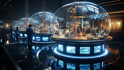 High-tech laboratory interior, with holographic displays, scientists in lab coats, advanced equipment, and a futuristic robot assistant.