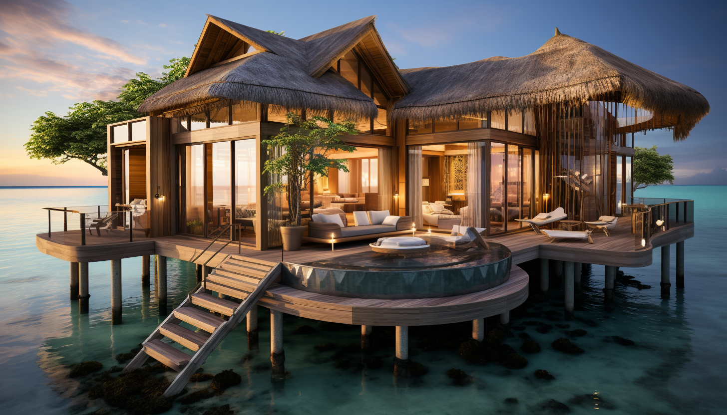 Luxurious overwater bungalow resort in the Maldives, with crystal-clear waters, vibrant marine life, and a serene sunset backdrop.