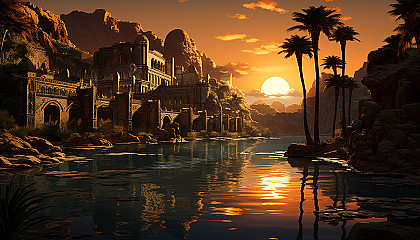 Desert oasis at sunset, with palm trees, a tranquil pond, camels resting, and ancient ruins in the background.