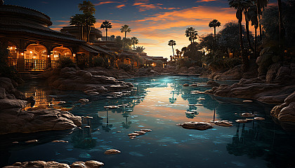 Desert oasis at twilight, with a tranquil pond, palm trees, a caravan of camels, and a star-filled sky above.