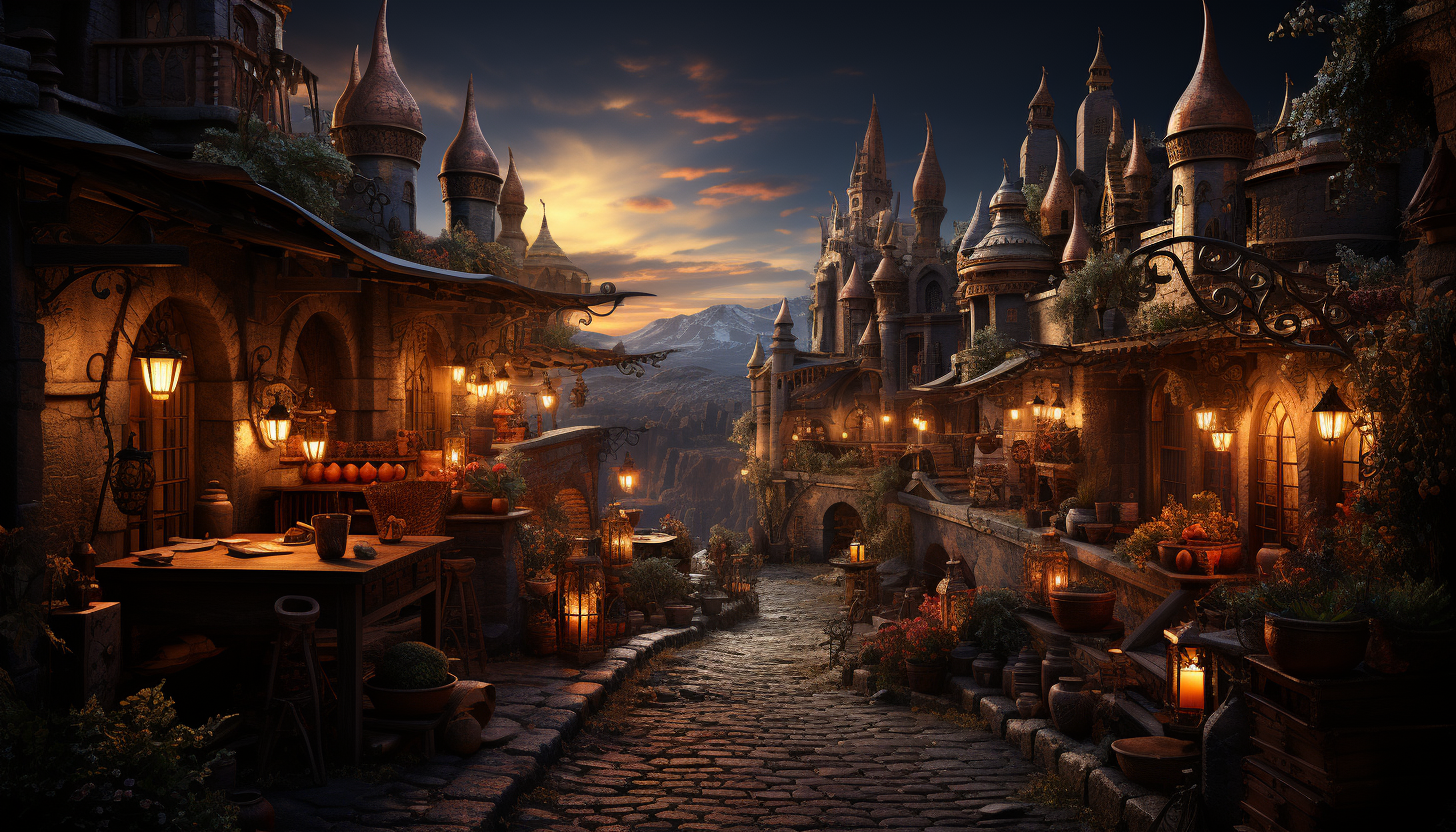 Moroccan bazaar at sunset, intricate lanterns, spice piles, vibrant fabrics, and bustling crowd in a narrow, winding alley.
