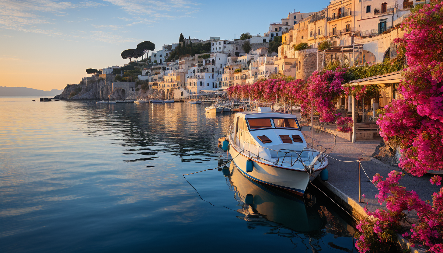 Mediterranean coastal village at sunset, with white-washed houses, blue-domed churches, flowering bougainvillea, and fishing boats in the harbor.