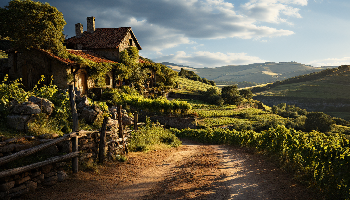 Rustic vineyard at golden hour, with rows of grapevines, a quaint stone farmhouse, and rolling hills in the background.