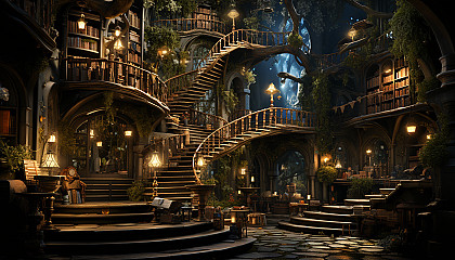 Magical library with towering bookshelves, floating books, enchanted artifacts, and a grand spiral staircase.