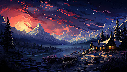 A cozy, snow-covered log cabin in the woods, smoke rising from the chimney, deer grazing nearby, under a star-filled night sky.