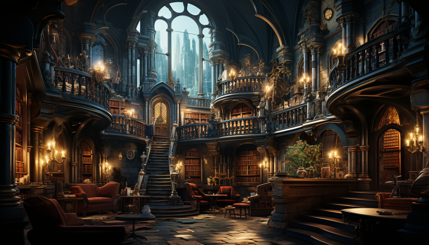 Grand library in a medieval castle, walls lined with ancient books, spiral staircases, and a large stained glass window.